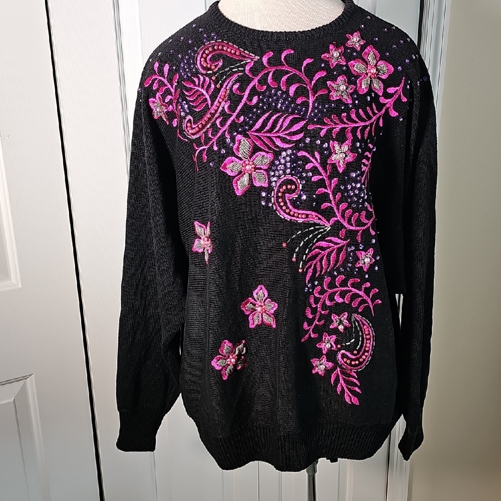 Malain Black Sweater with Pink Floral Accents, Enbrodery, and Beads. XL